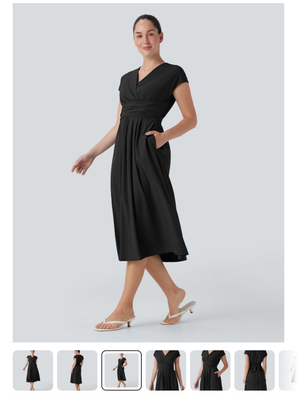 HALARA Black V-Neck Wrap Midi Dress with Pockets